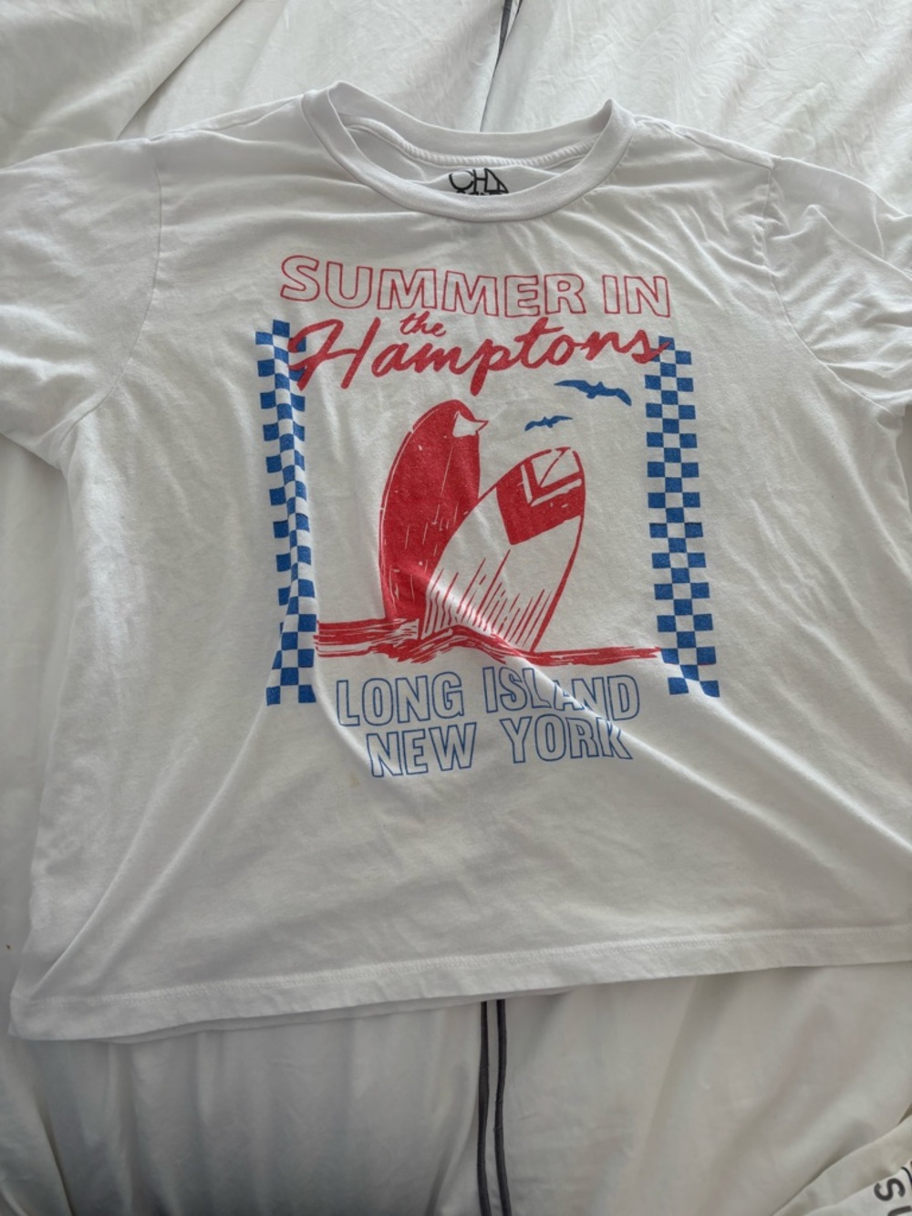 Chaser White Tee with Red and Blue Hamptons Graphic